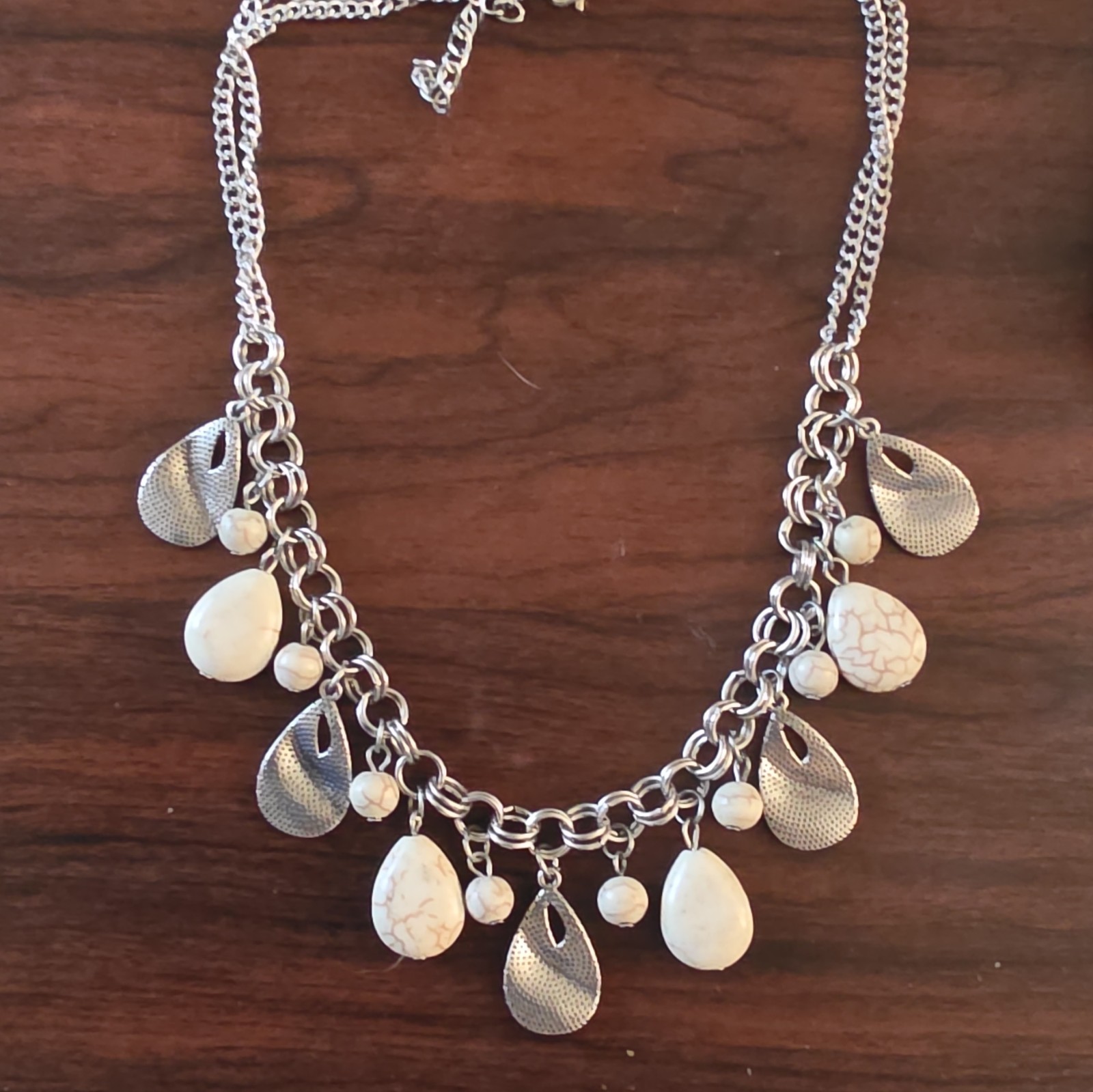 Silver Tone Curb Chain Charm Necklace White Teardrop Howlite Adjustable 18in