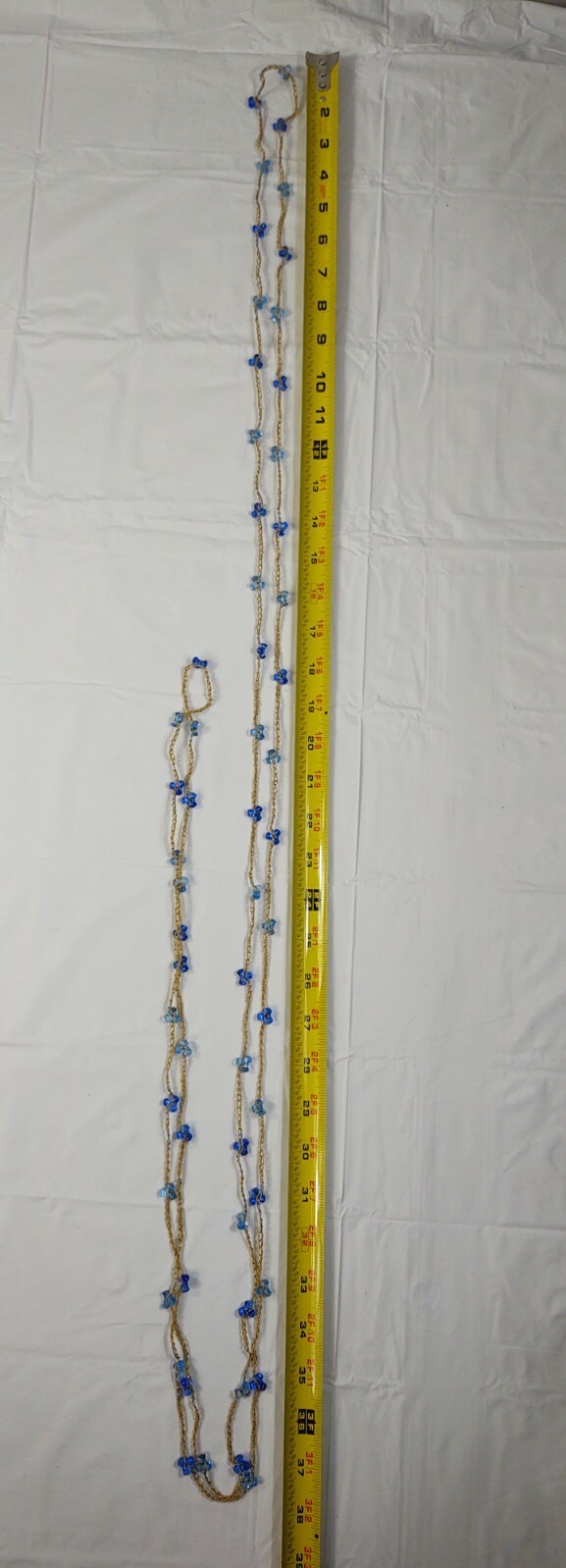 Vintage Blue Plastic Beaded Necklace Long Gold Tone Chain Costume Jewelry