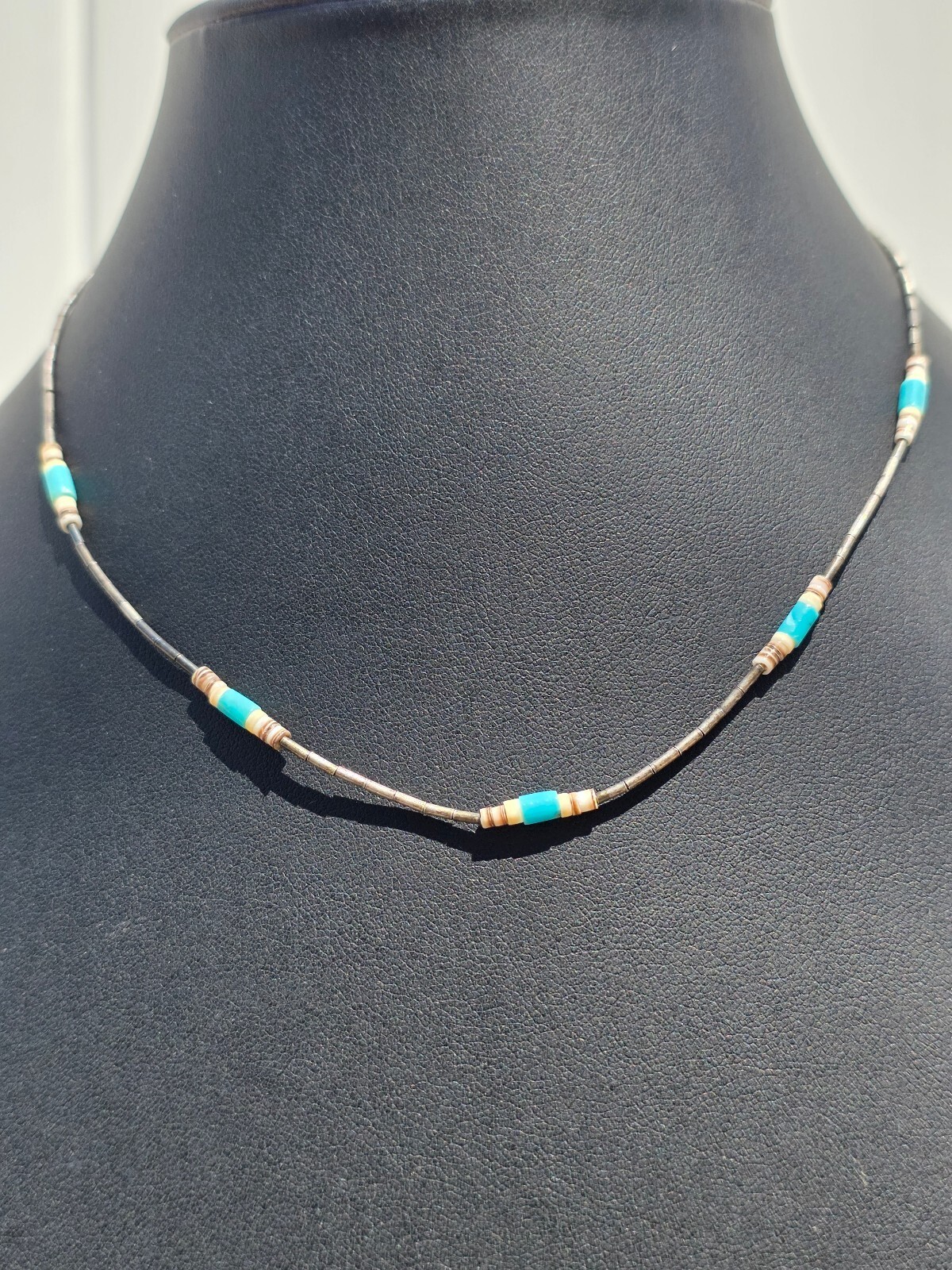 Vintage Native American Southwest Liquid Silver Turquoise Heishi Choker Necklace