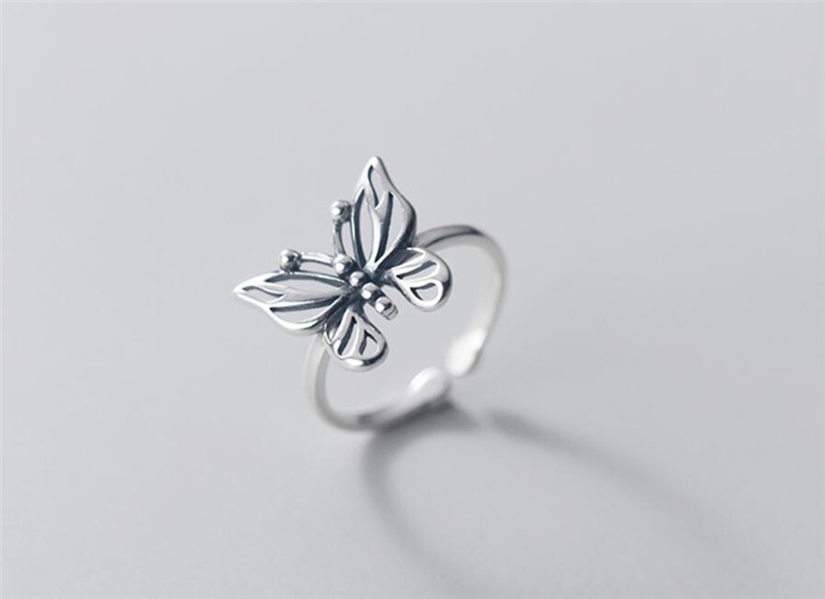 925 Sterling Silver Butterfly Bow Moon Star Zircon Adjustable Open Ring Women