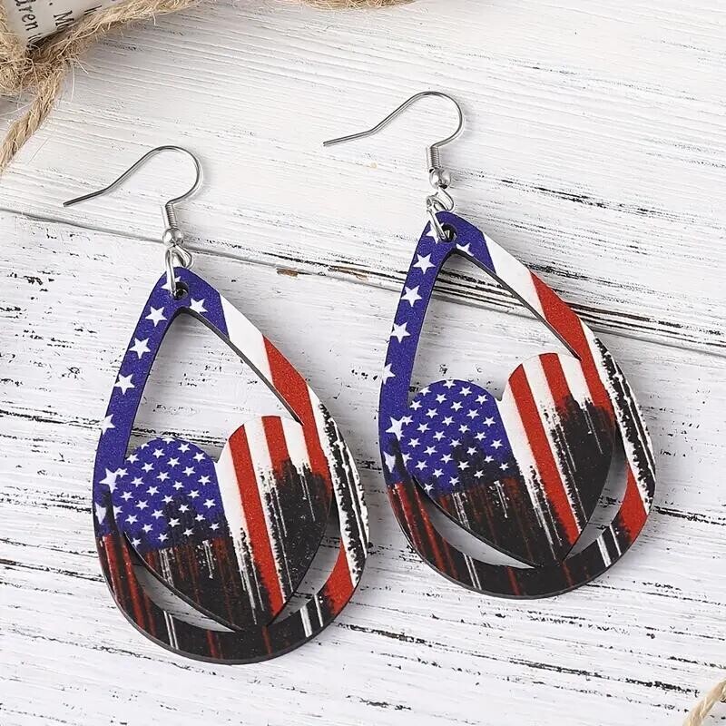 American Independence Day Jewelry Red White Blue Striped Star Drop Earrings Gift