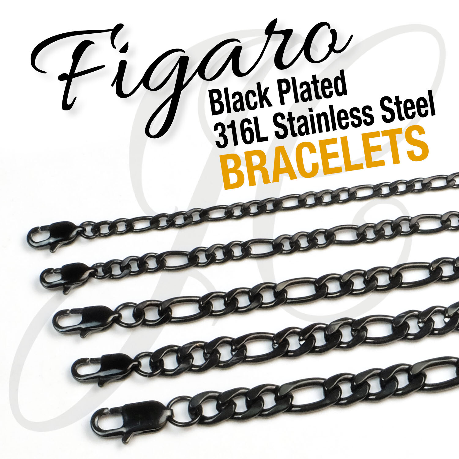 Black Plated Stainless Steel 316L Figaro Chains Bracelets 4-10mm Men Women