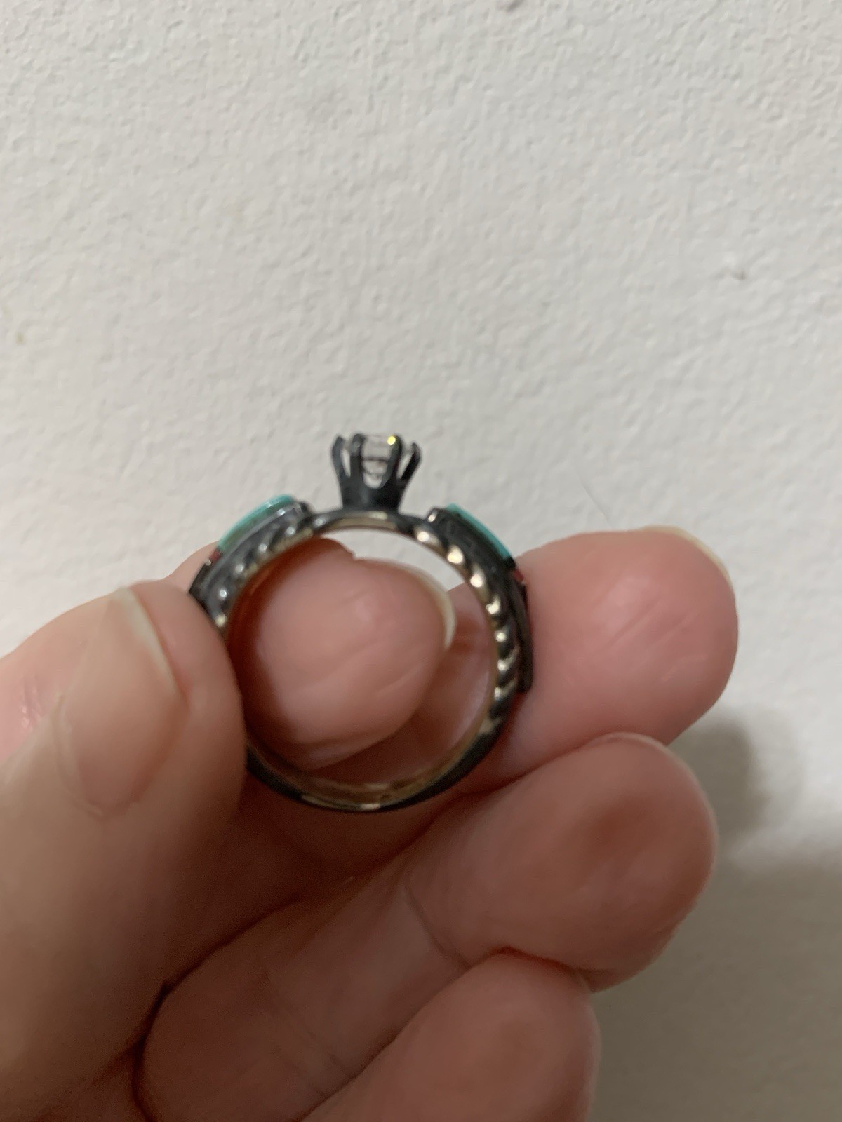 American Navajo Style Woman’s SS Engagement Ring,Inlaid Turquoise,CZ center, 7.5