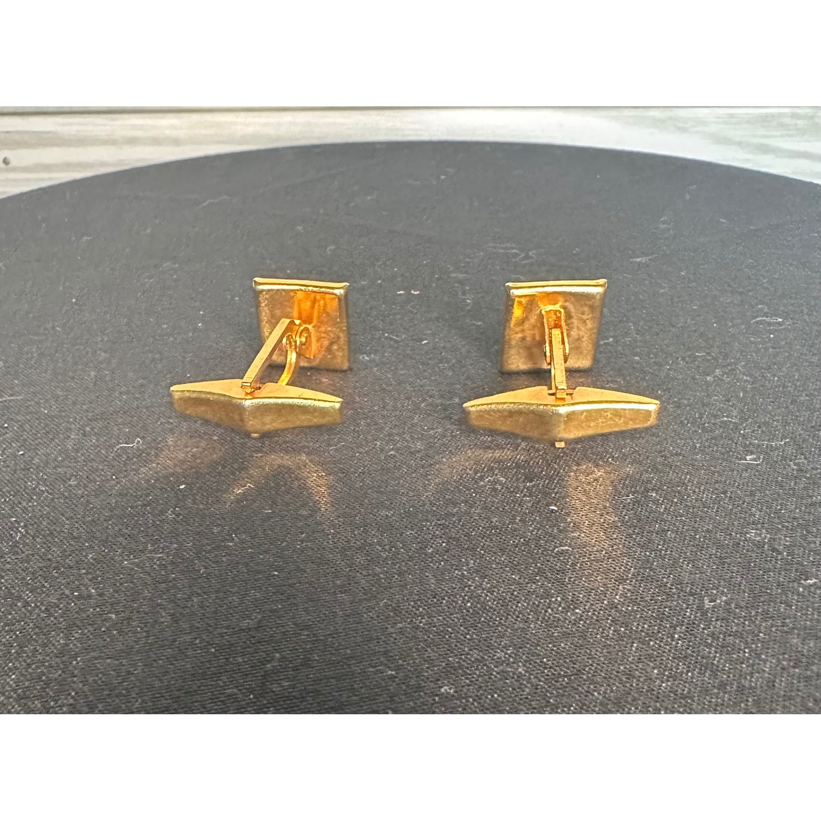 Spanish Damascene Vintage Gold Tone & Black Cufflinks Etched Bird/Floral Motif