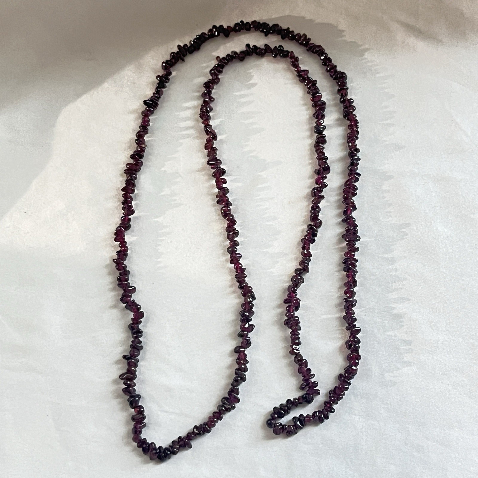 Almandine Garnet Chip Necklace 36” Purple Red Gemstone Beads Opera Length