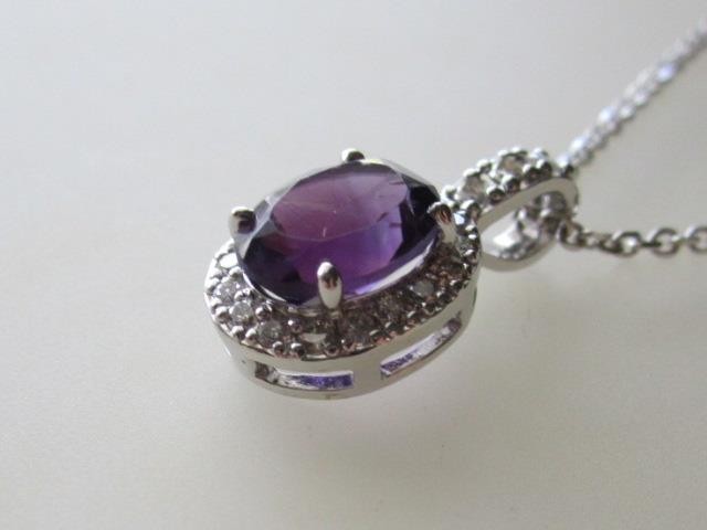 Elegant 14k. White Gold Oval Amethyst & Diamond Halo Pendant, New