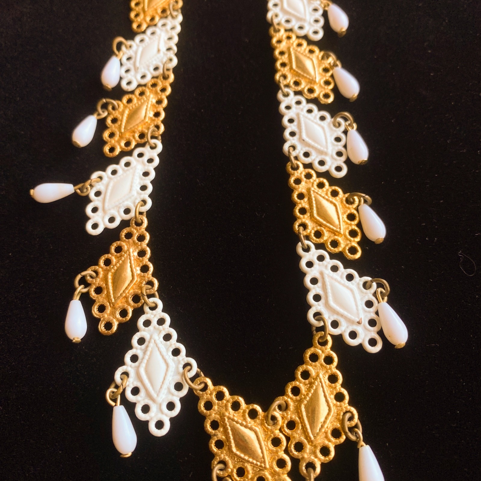 Vintage 60s 70s gold white pendant necklace filigree statement mid century mcm