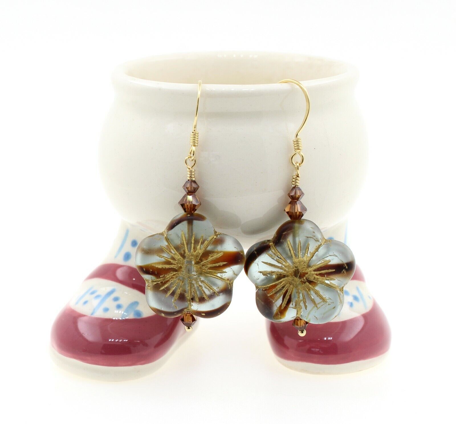 Flower Earrings Frost Seaglass Stripes Blue Glass Caramel Swarovski Vermeil Gold