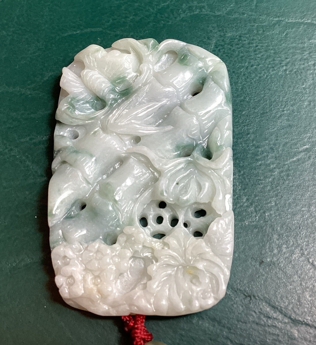 Light Tan & Green 1 Sided Jadeite Bamboo & Butterfly Translucent Pendant
