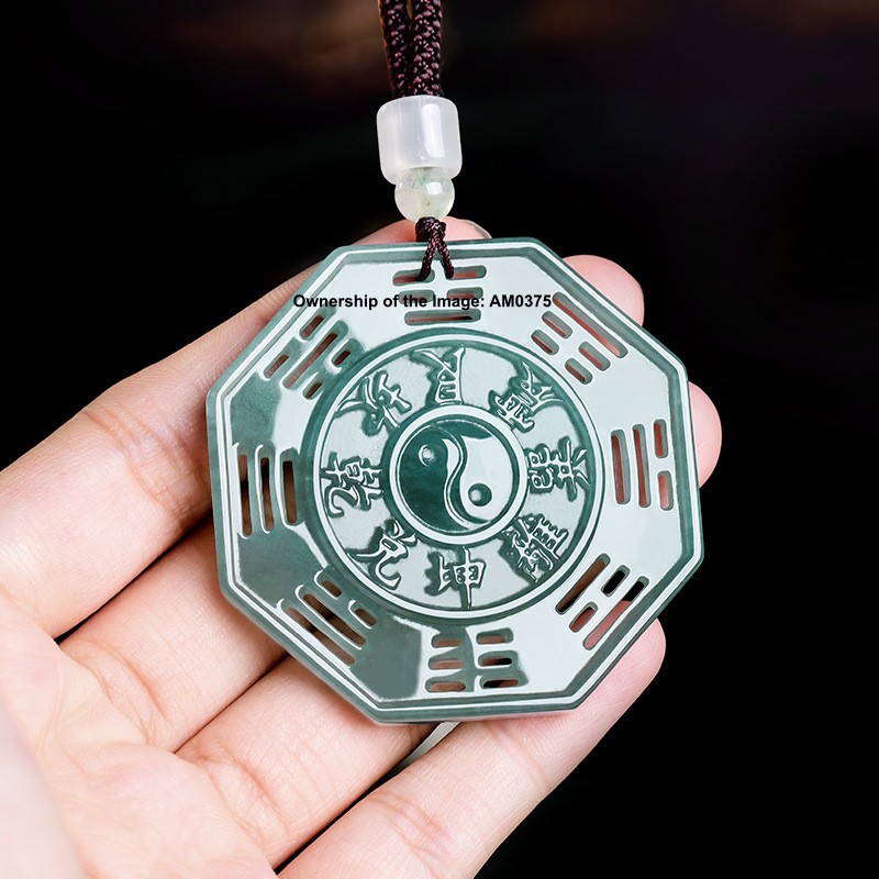 Natural Grade A Blue Water Jadeite Double Sided Tai Chi Bagua Pendant Feng Shui