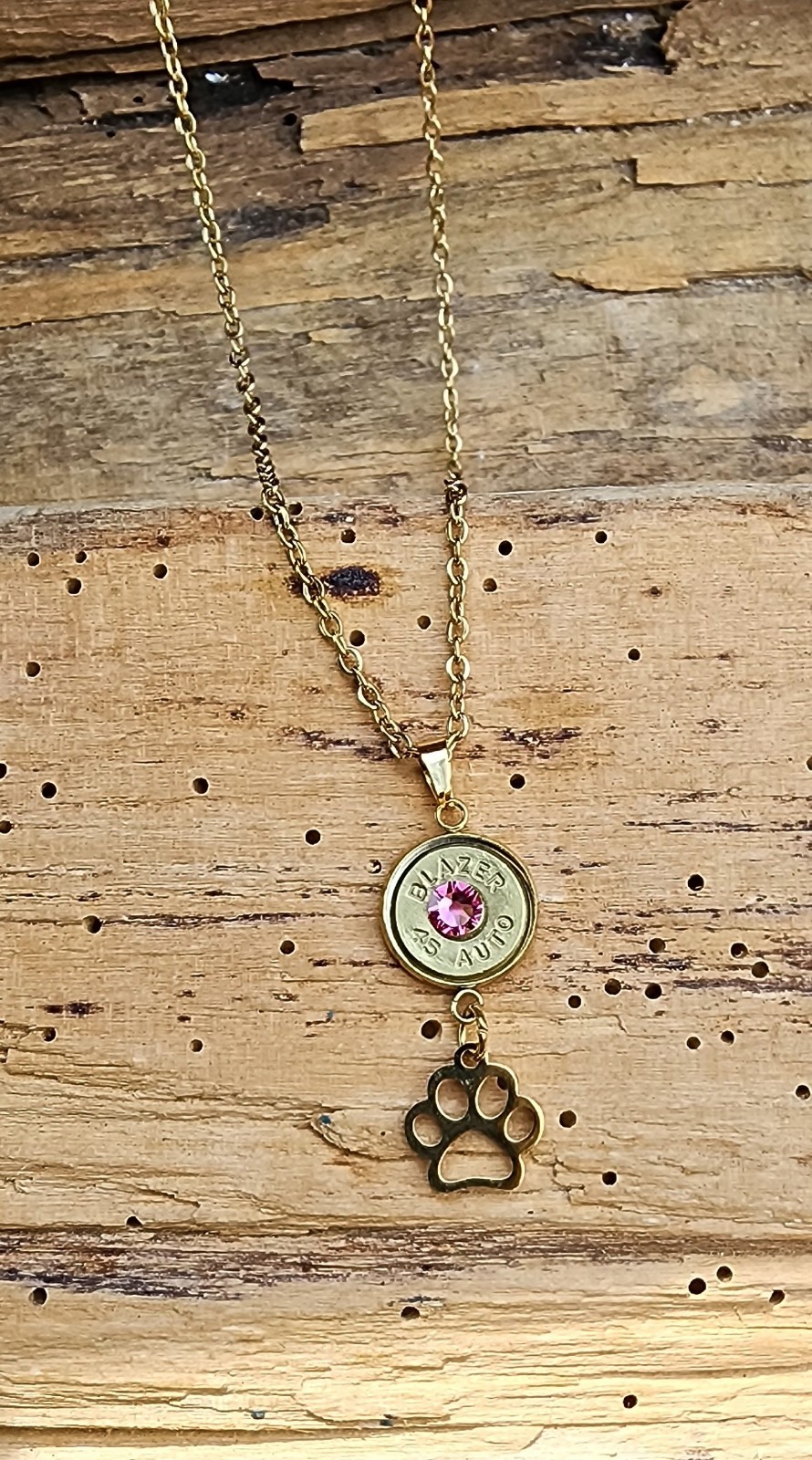 Gold Stainless Steel Bullet Necklace with Puppy Paw Charms. Optional Color.