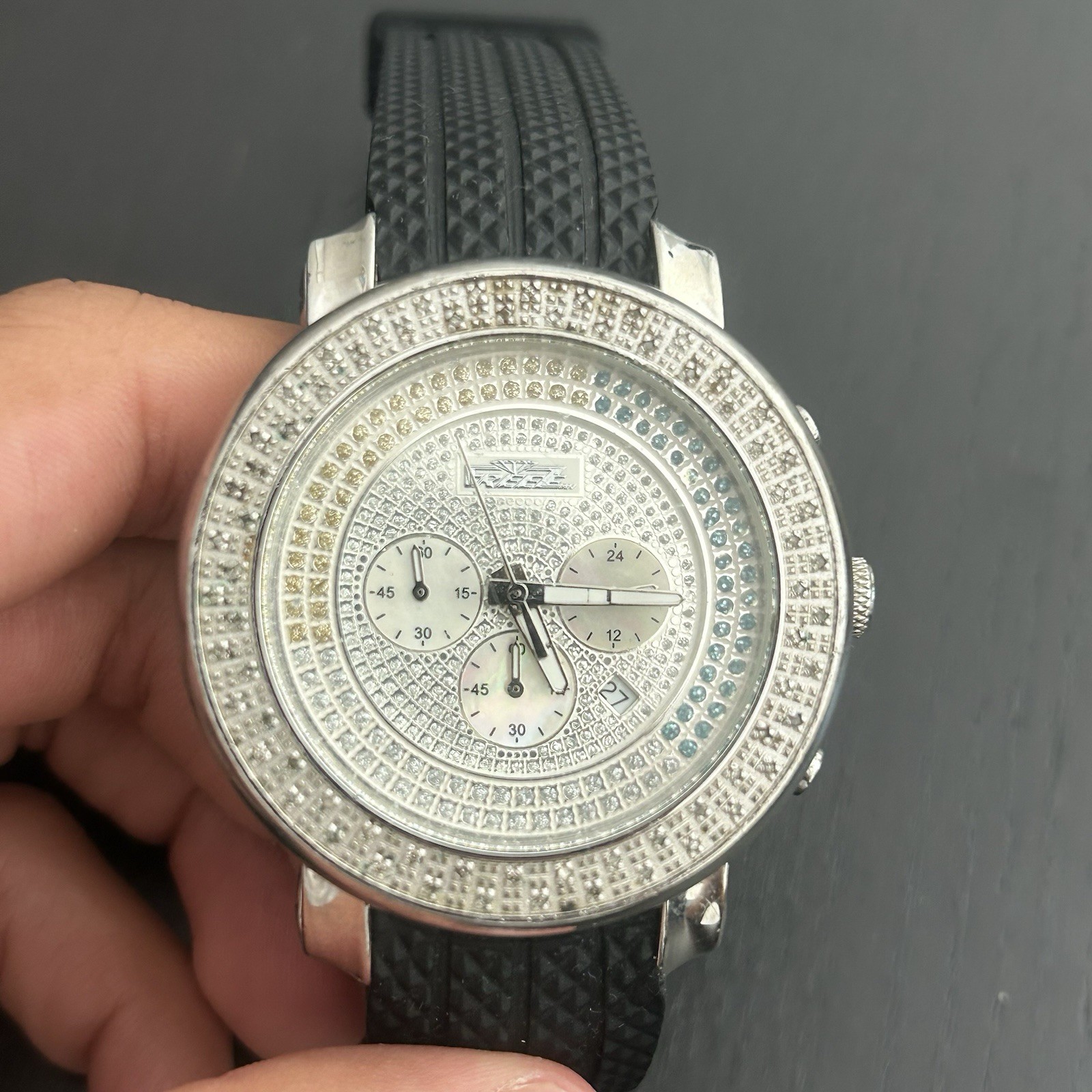 Frez FR020 Quartz Analog 45mm Date Silver Tone Diamond Bezel Black Strap