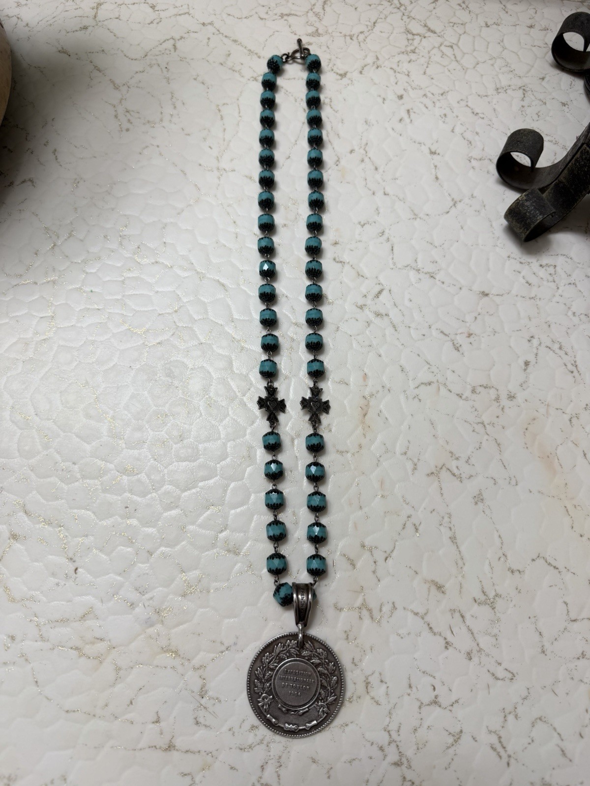 French Kande Turquoise Beads With Silver