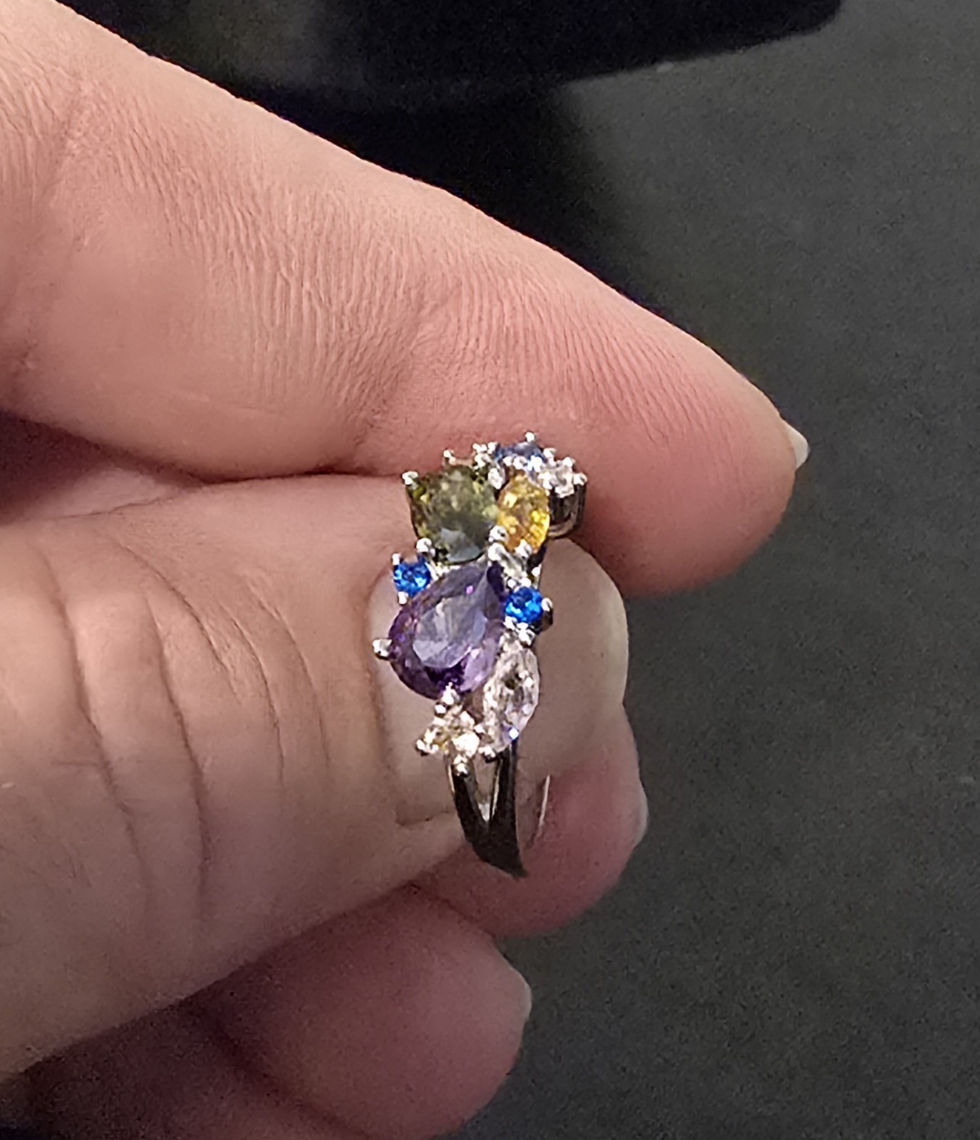 Multi Color Gemstone Cluster Ring Silver Statement Cocktail Women Jewelry Size 7