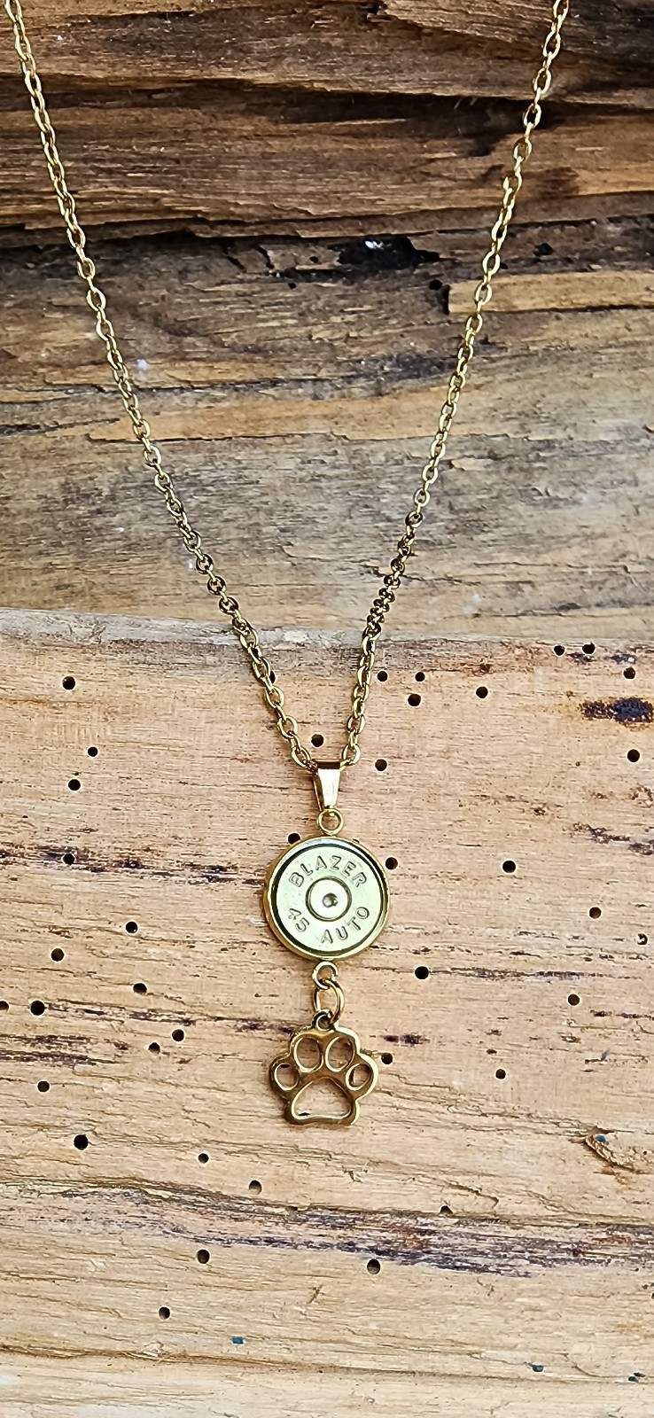 Gold Stainless Steel Bullet Necklace with Puppy Paw Charms. Optional Color.