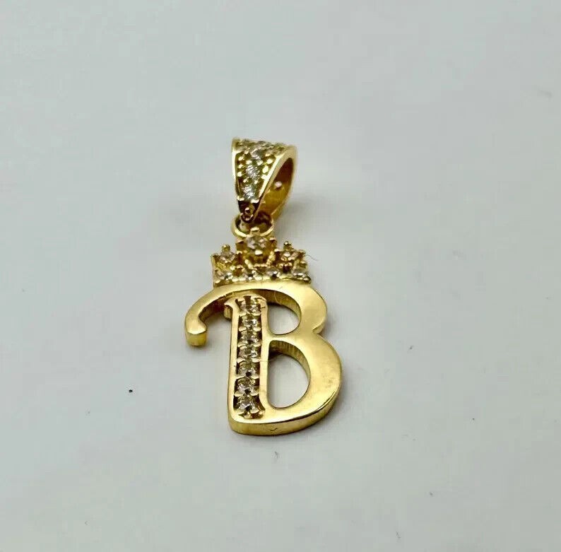 925 Sterling Silver Simulated Diamond “B” Vintage Pendant 14k Yellow Gold Plated