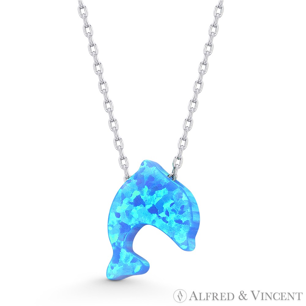 Blue Lab-Created Opal Dolphin Animal Charm .925 Sterling Silver Necklace Pendant