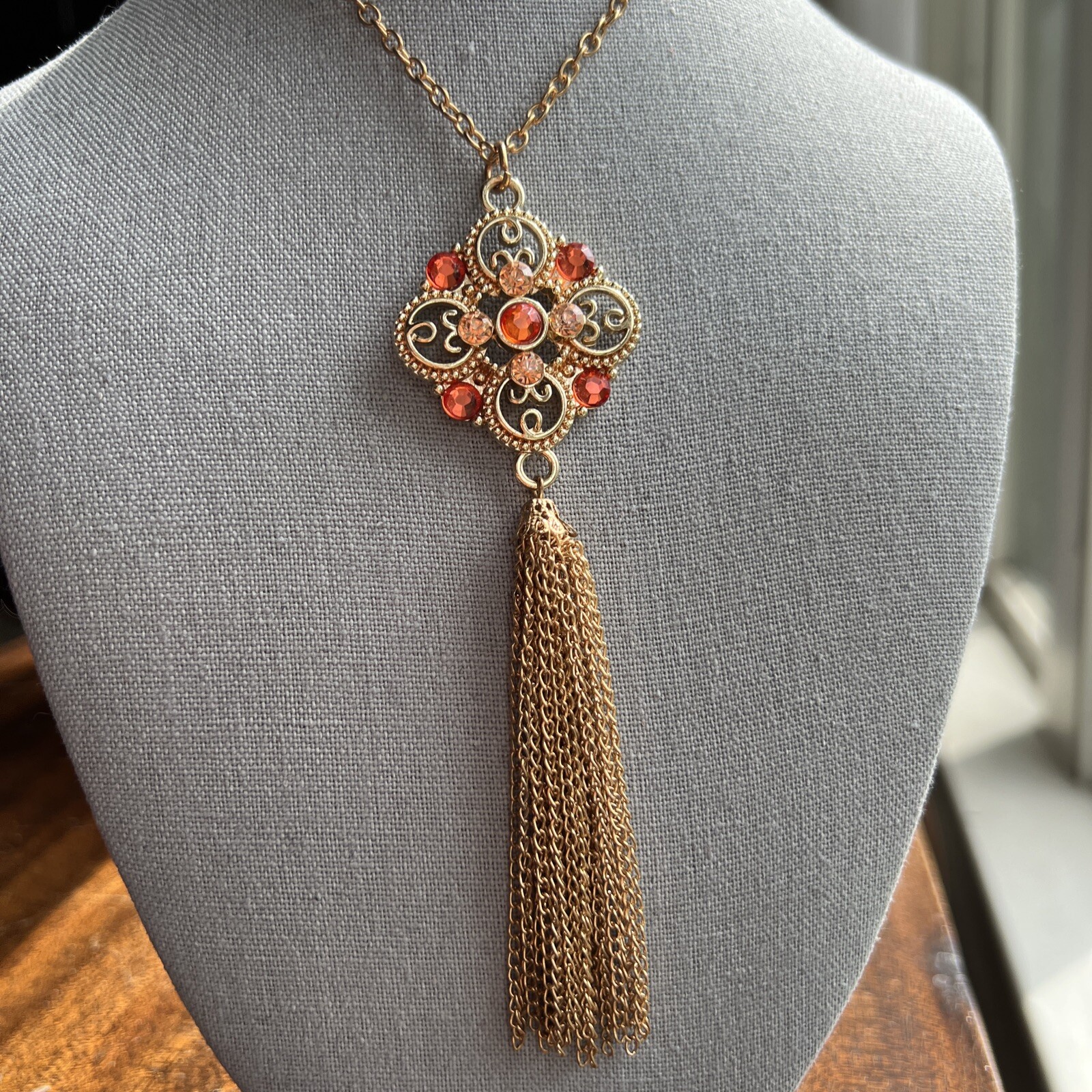 Mid-Century Orange /Pink Rhinestone Gold Tone Tassel Statement Necklace Fabulous