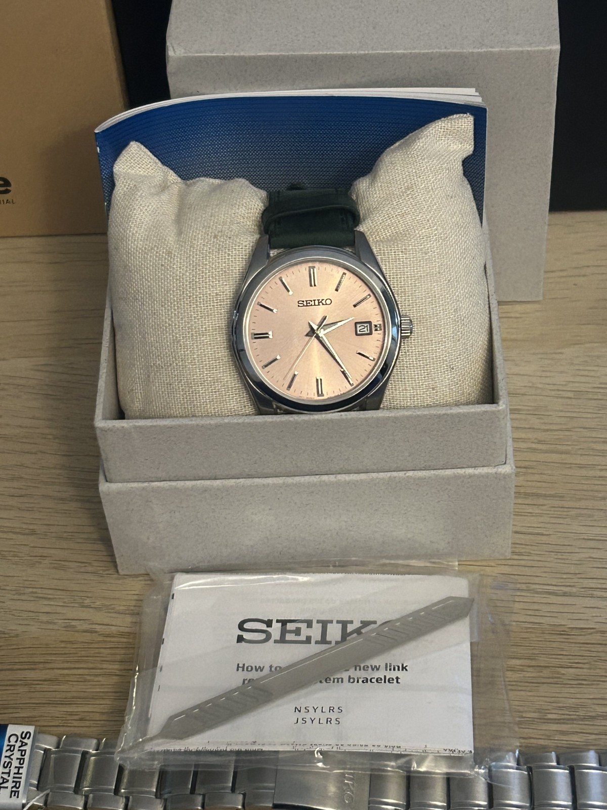 Seiko SUR523 Salmon Pink Sapphire Crystal Full Kit Mens Bracelet & Leather Strap