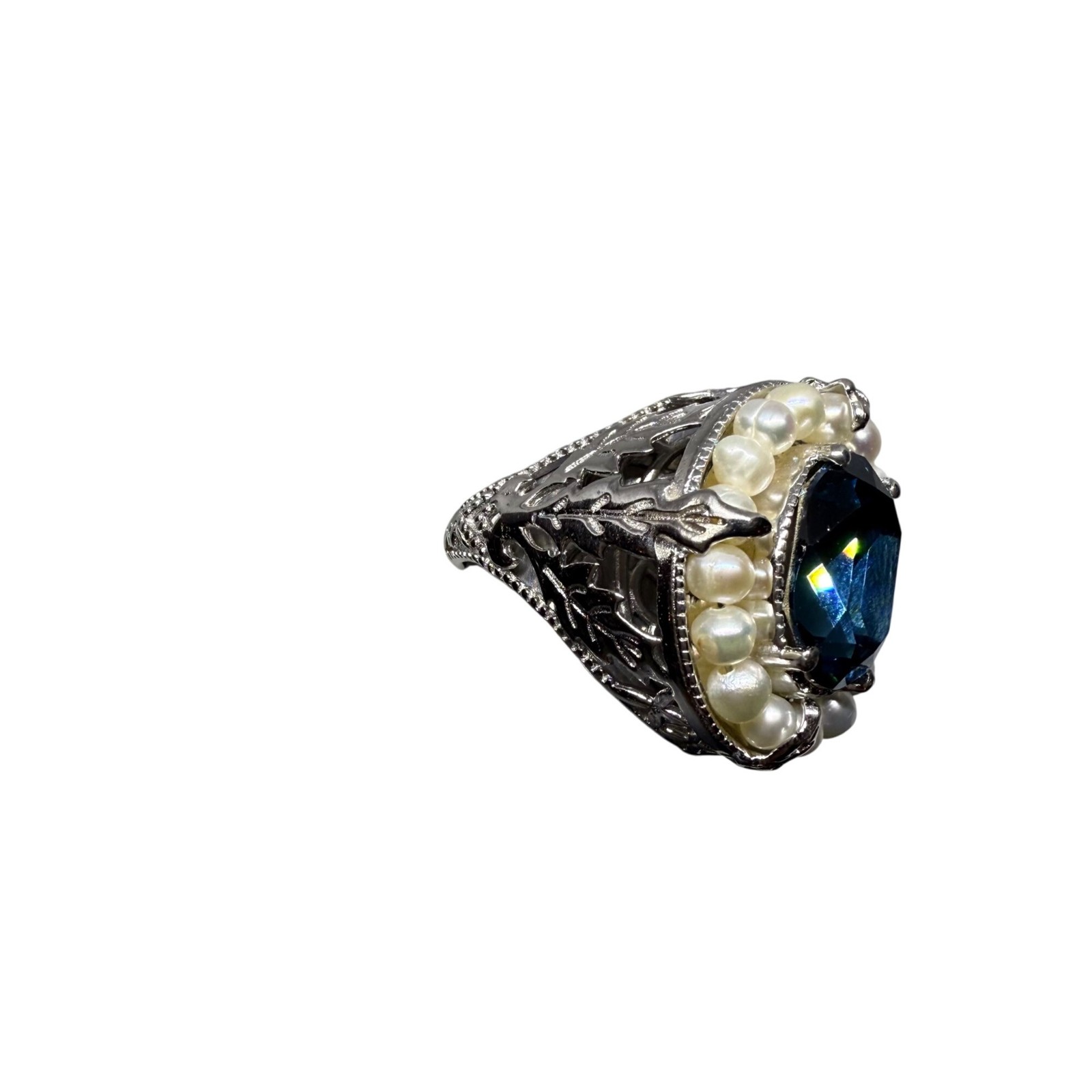 STS Karis Silver Toned Ring Blue Oval simulated gemstone Pearl Accents Intricate