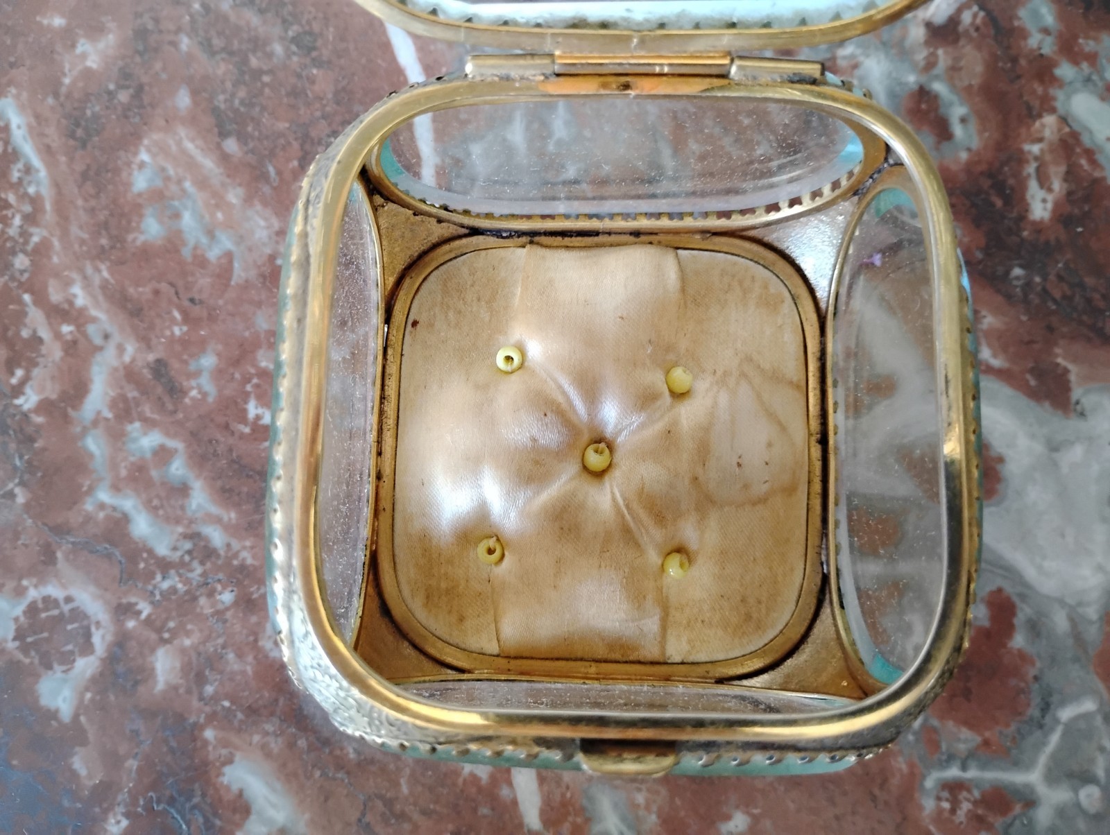 Antique French Beveled Glass and Ormolu Casket Jewelry Box Gold Floral