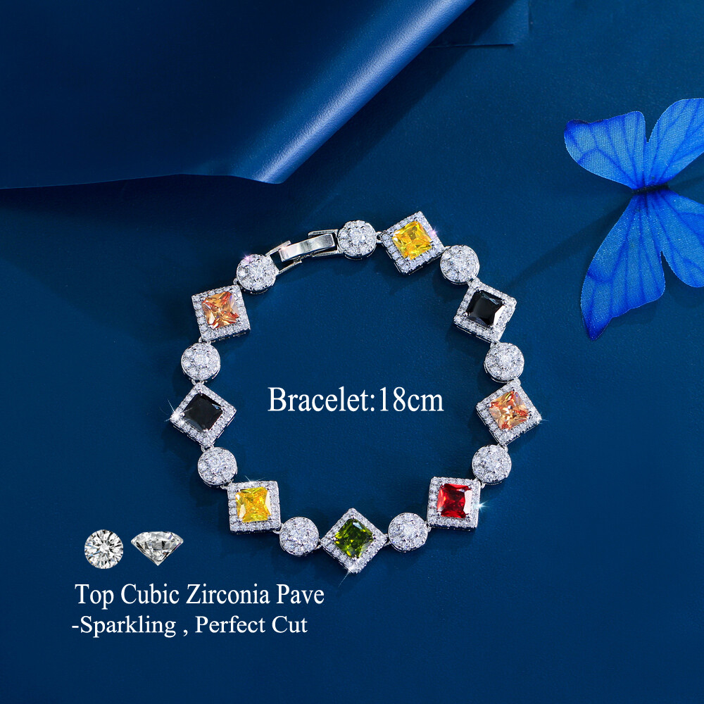 Trendy Silver Plated Multicolor Cubic Zirconia Rhombus Tennis Bracelet for Women