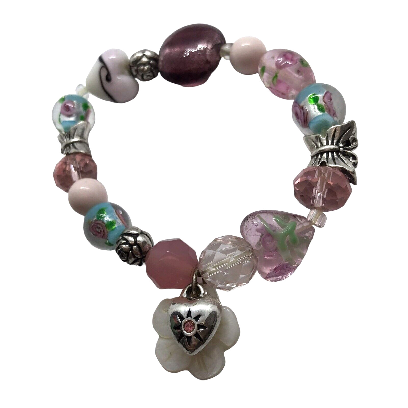 Vintage Art Glass Beaded Stretch Bracelet Lampwork Floral Heart Pink Barbiecore