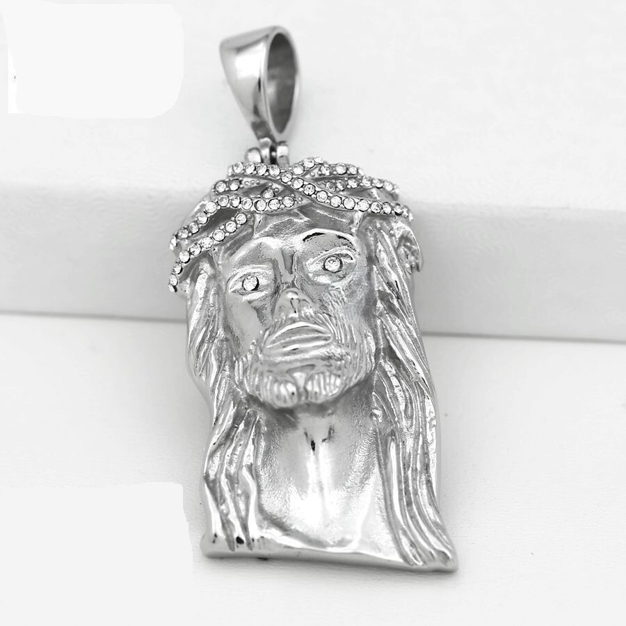 DG Men’s 24″ Stainless-Steel Silver Cuban Chain.CZ JESUS Face 53mm Pendant +Box