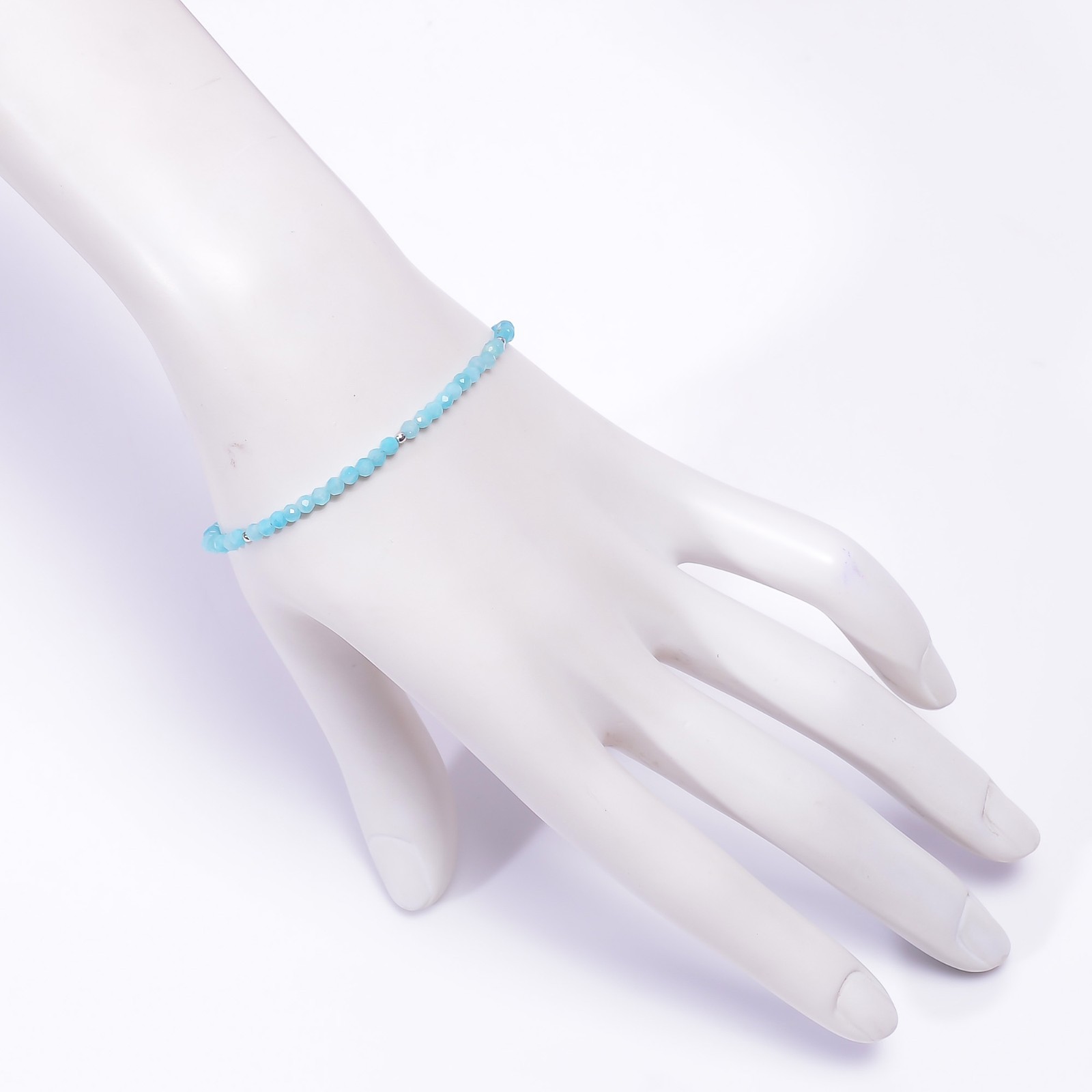 AAA Natural Amazonite 925 Sterling Silver Faceted Beads Bracelet 7-9″ P-775