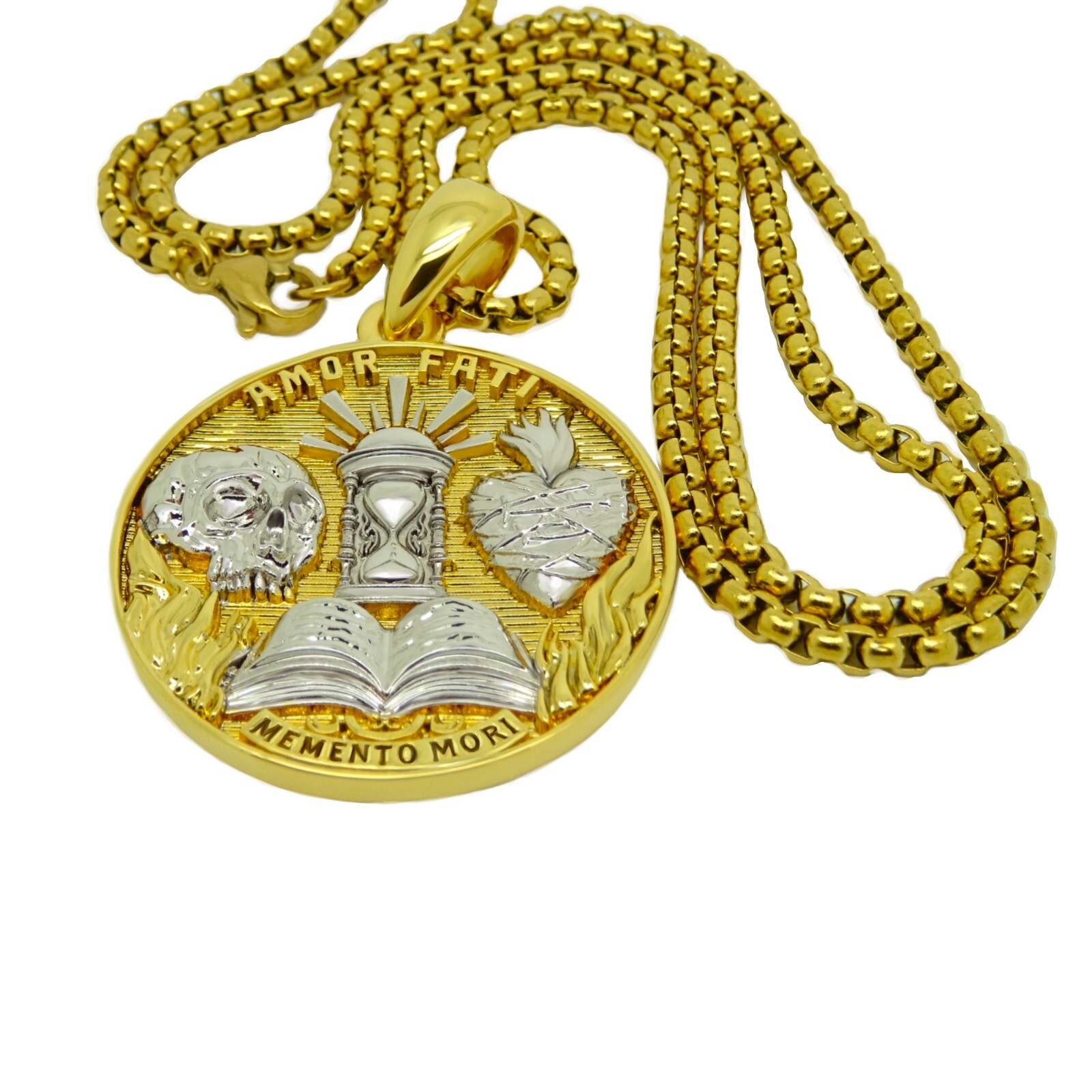 Amor Fati Memento Mori Stoic Medallion Pendant Necklace Gold Plated with Chain