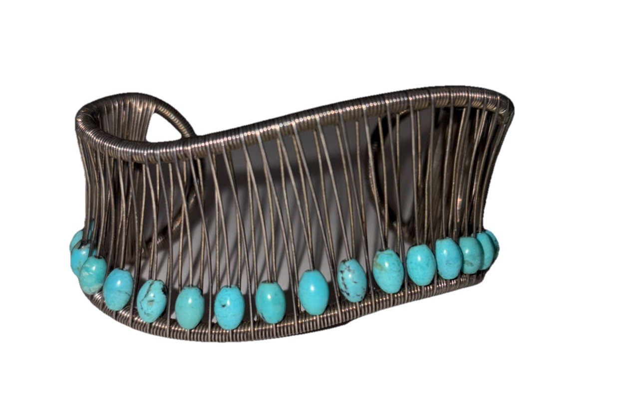 Tana Acton Sterling Silver Kinetic Wave Cuff Bracelet/Turquoise Beads 27.24 gr.