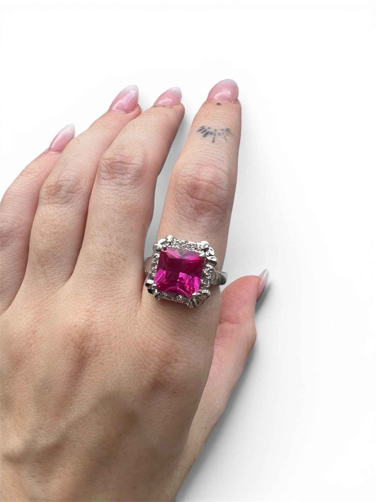 Vintage Rhodium Plated Pink Sapphire Ring, Size 8