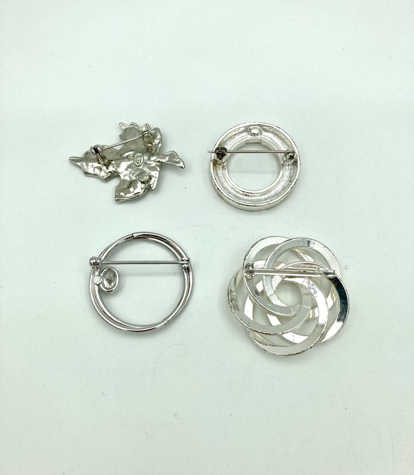 Vintage 3 Brooches – De Curtis Sterling Round, LP Leaf W Blue Rhinestone, Circle