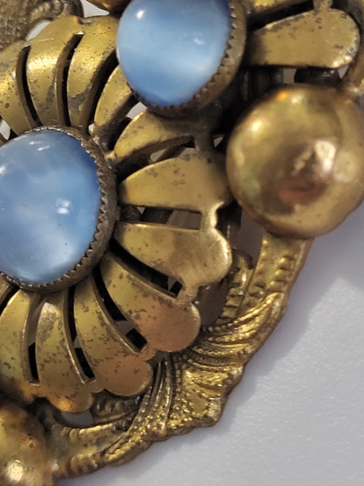 Antique Brooch Brass Three Blue Moonstone Layered 1920-1935 Art Deco