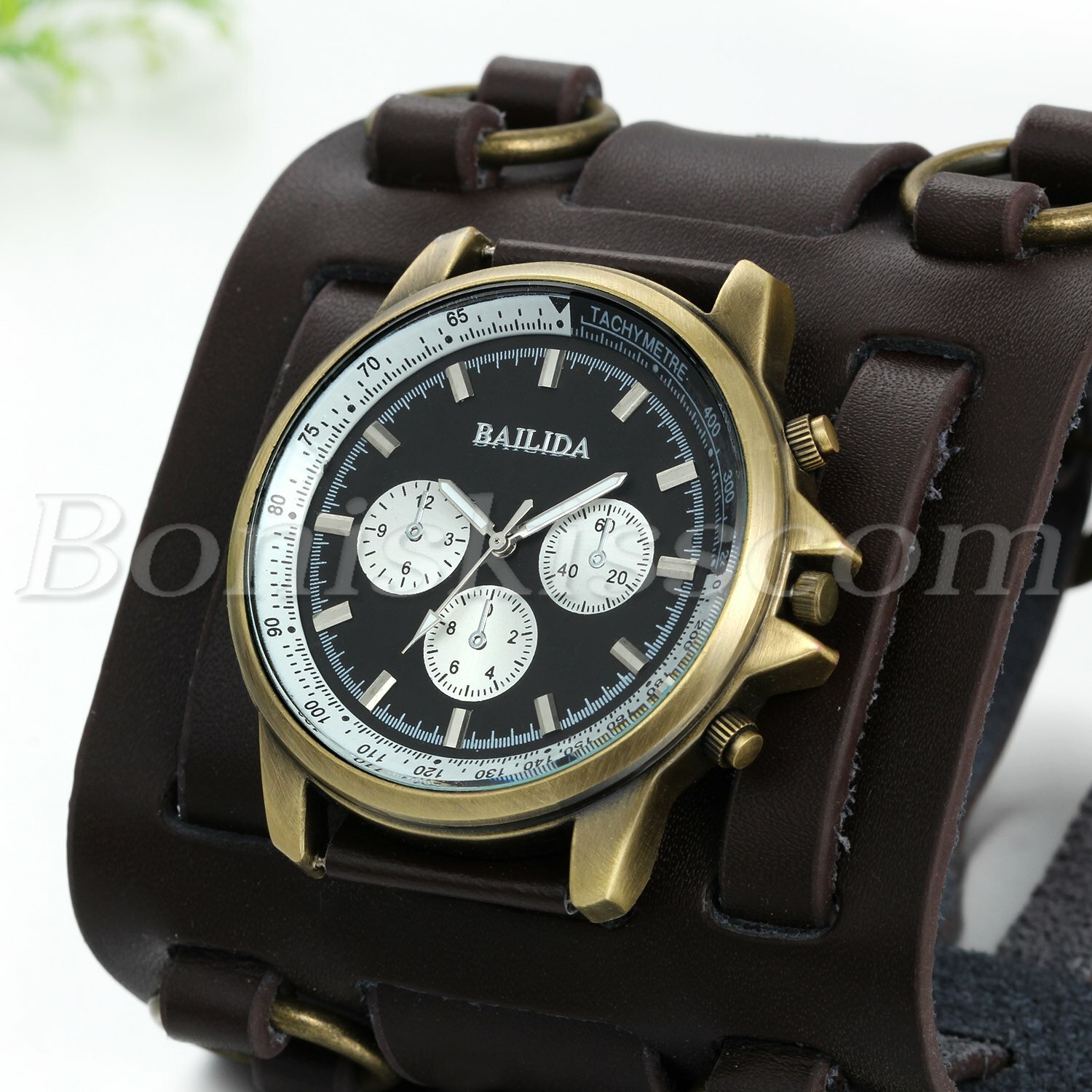 Mens Wide Brown Leather Strap Buckle Sport Analog Quartz Wrist Watch Bangle Cuff