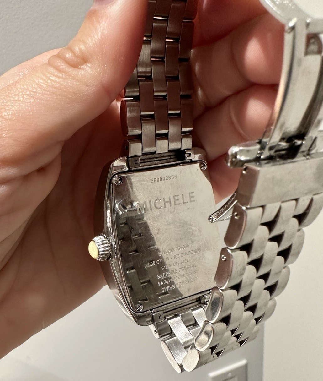MICHELE Urban Diamond Bezel Quartz 38mm Tonneau White Dial Silver Bracelet