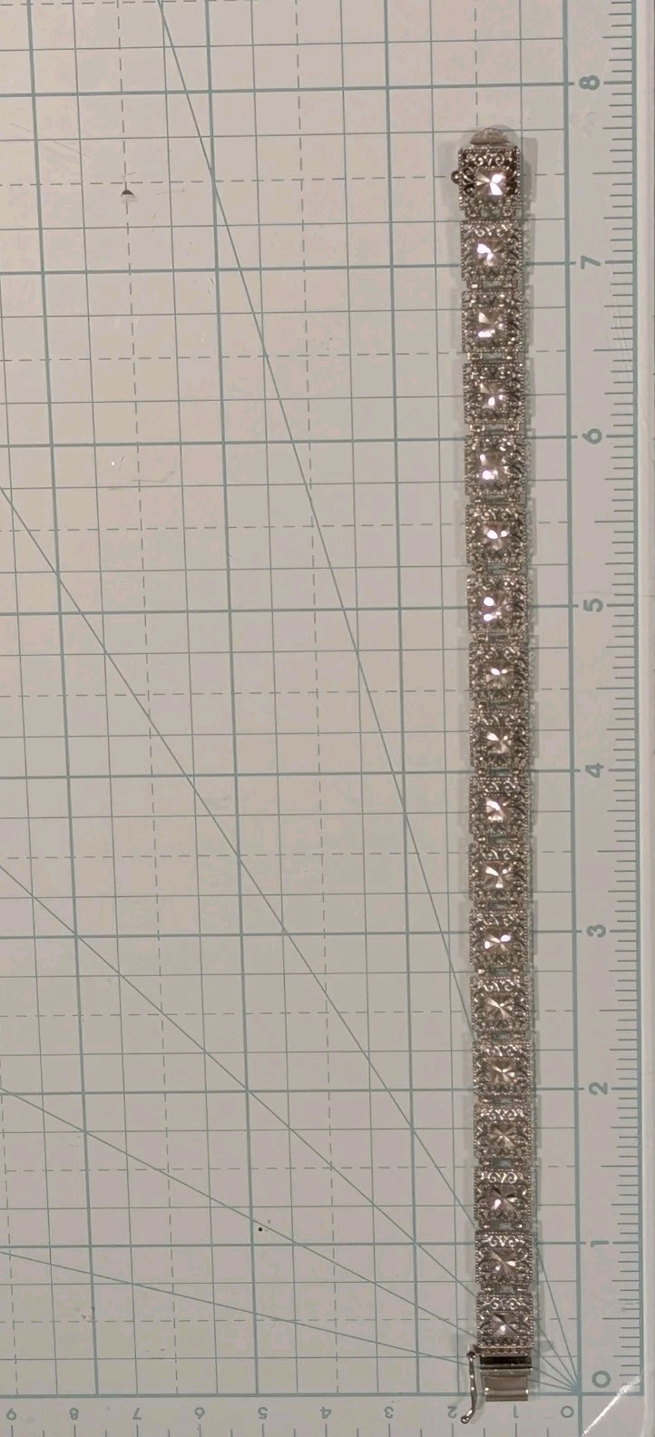 10kt White Gold 8.8mm Square Filigree Link Chain 7.25″ Bracelet 7.74 Grams