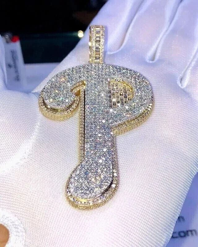 3.00 Ct Round Cut Moissanite Customize Letter “P Pendant 14K Yellow Gold Plated