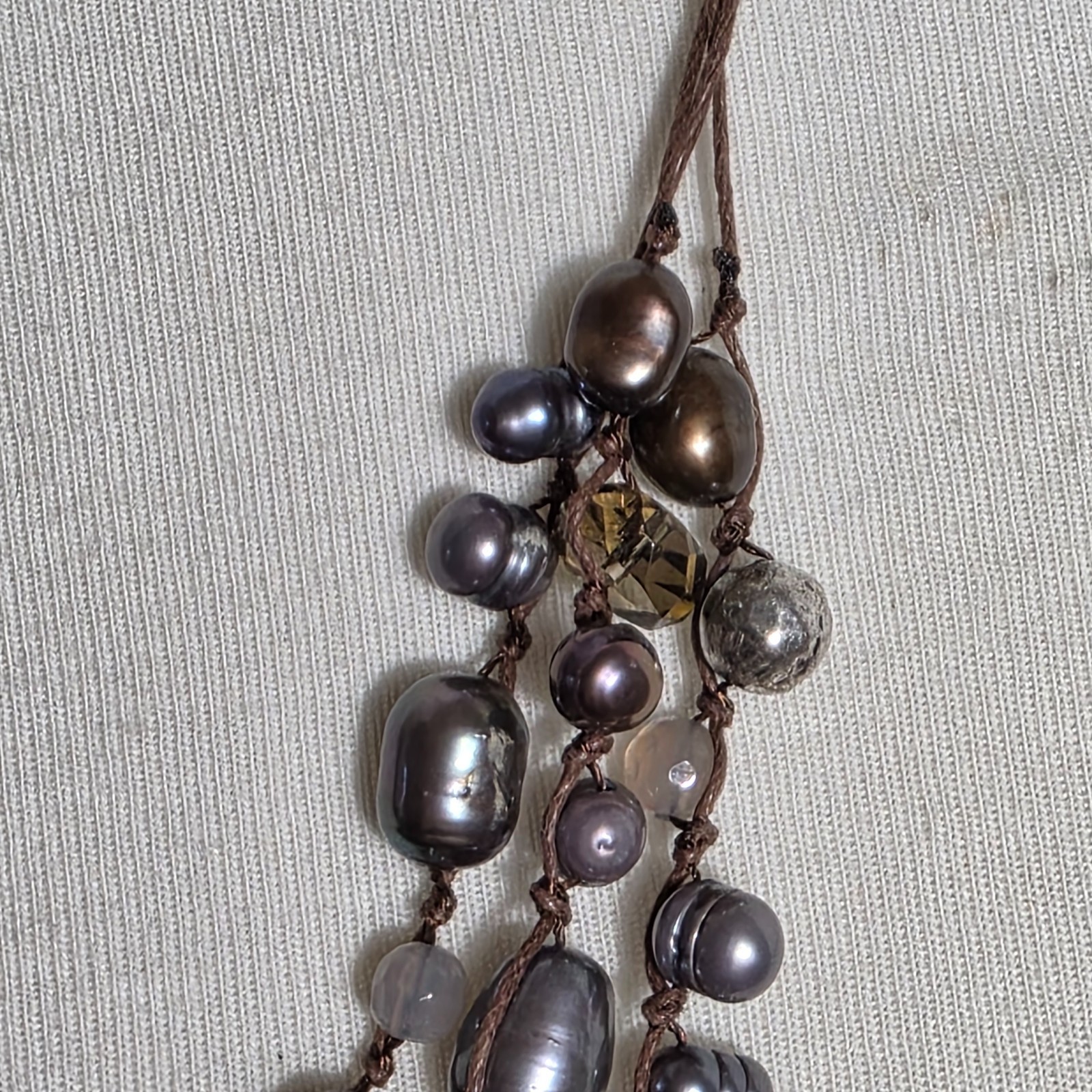 J. Jill Triple Strand Necklace Gray & Bronze Colored Beads on Brown Cord