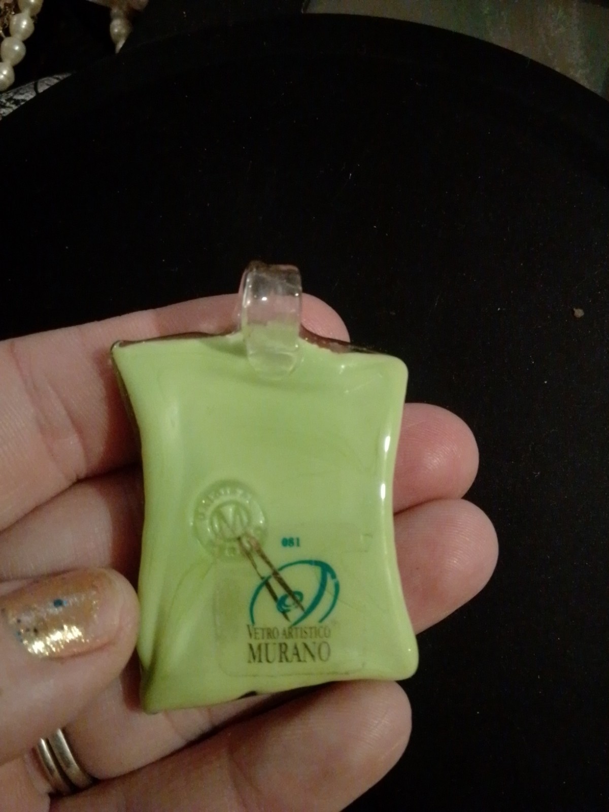Vtg Vetro Artistico Murano Marked Rectangle Italian Glass Pendant Green Gold Blk