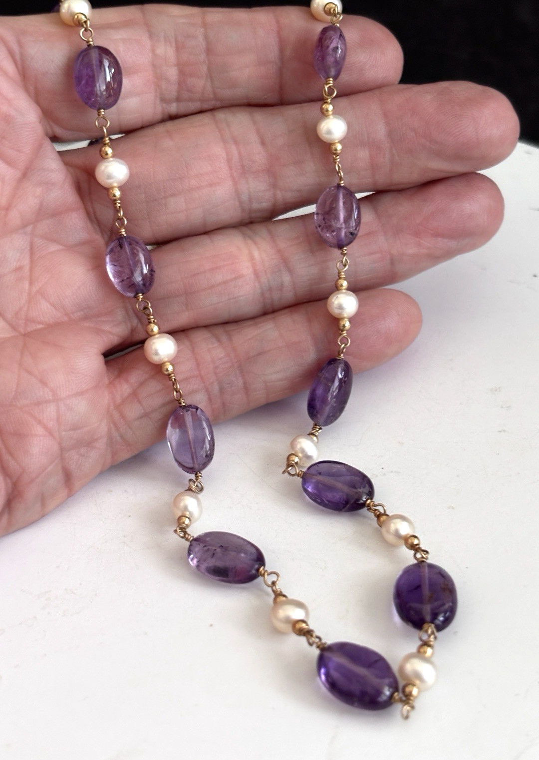 Polished Amethyst And Freshwater Pearl Beaded Necklace 14/20k Gold Filled Clasp