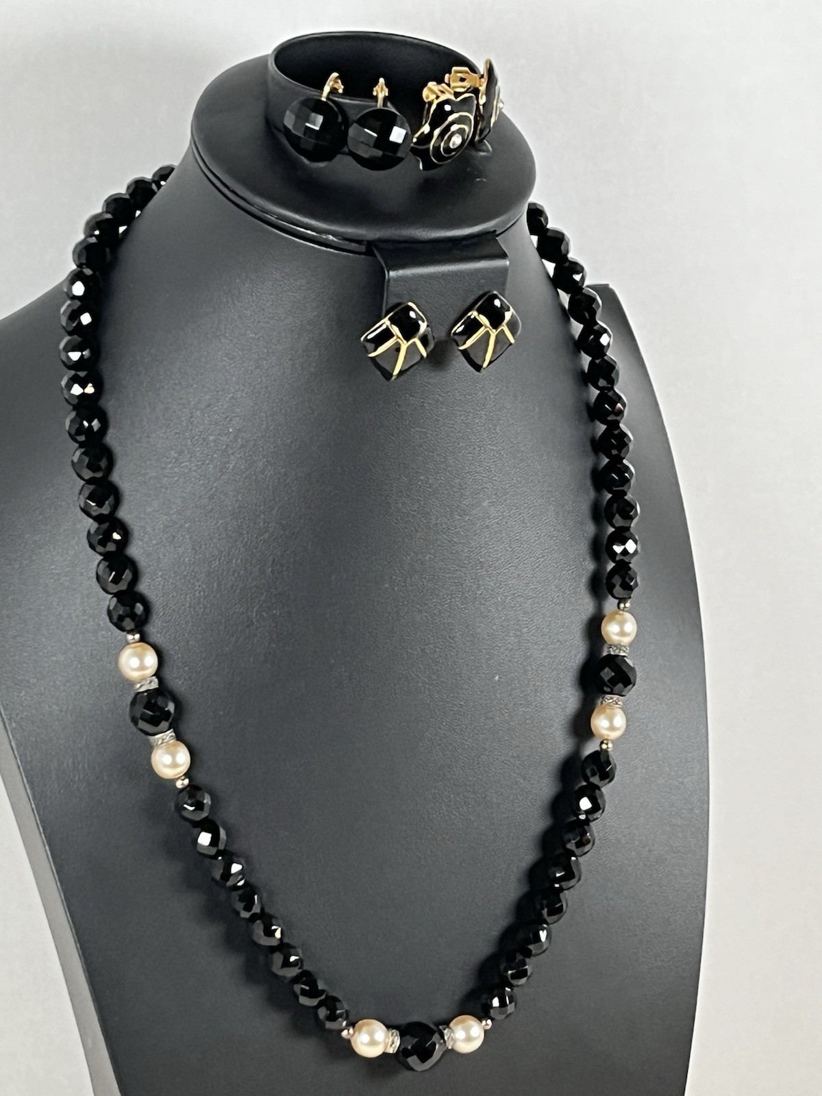 Vintage Black Glass Beaded Necklace w/ 3 Pairs of Black & Gold Enamel Earrings