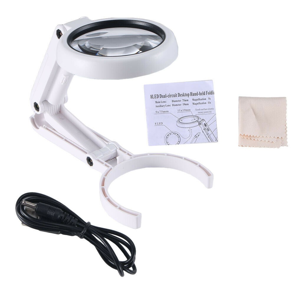 Desktop Foldable 5X 11X Lighted Magnifier 8 LED Hands Free Table Stand
