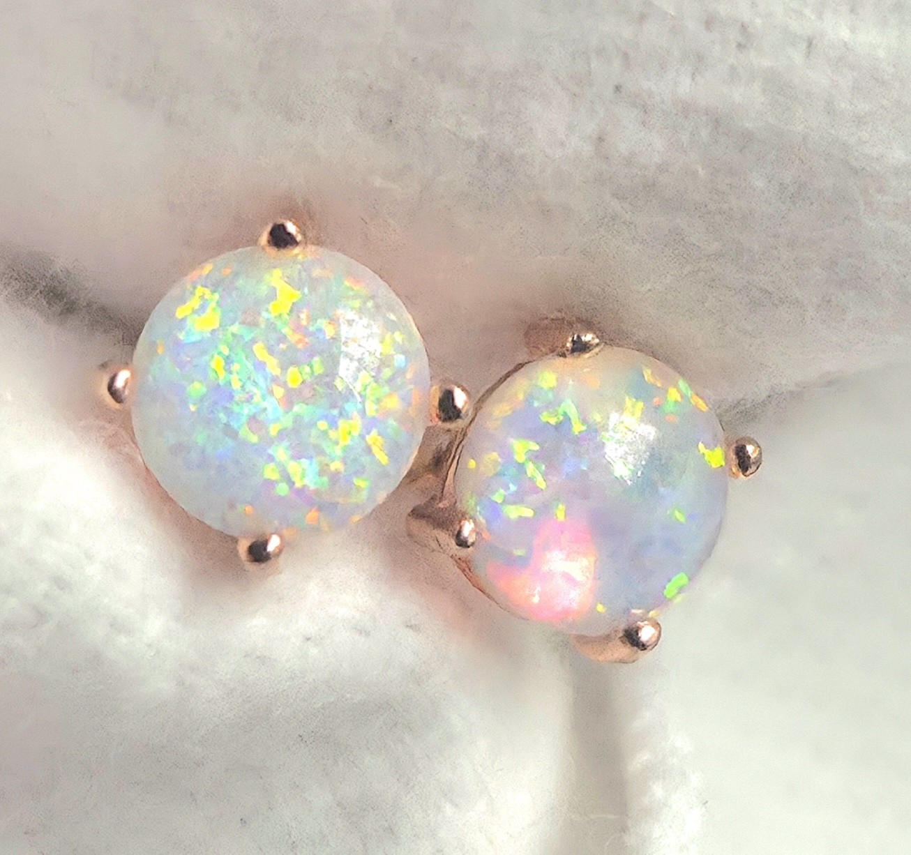 Fire White Opal Lab 14K Rose Gold Plated 925 Sterling Silver Round Stud Earrings