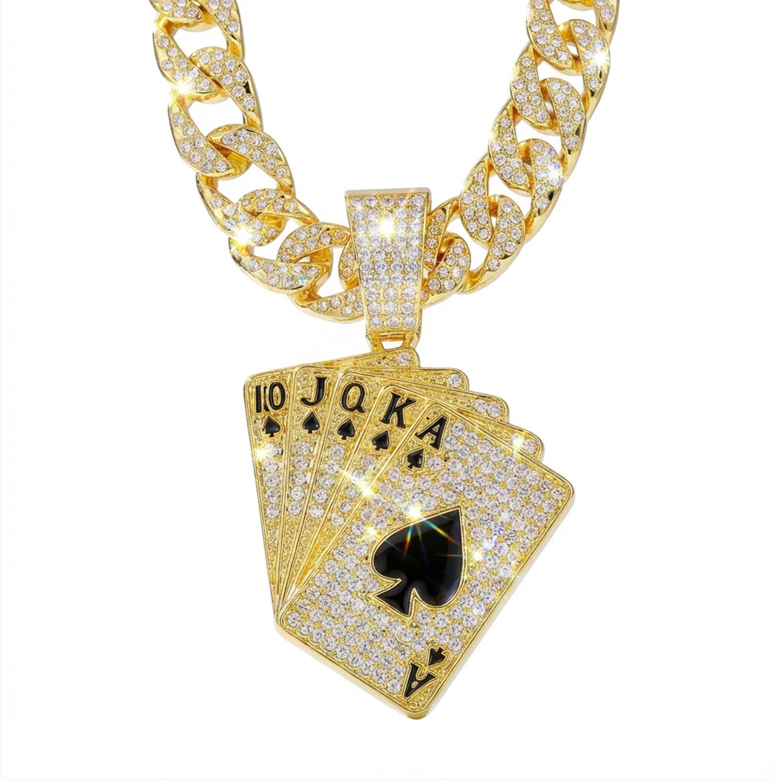 Iced Out Miami Cuban Link Chain with Royal Flush Playing Card Pendant, 20 inc…