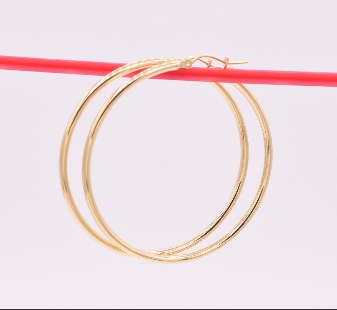 1 3/4″ 2mm X 45mm Large Shiny Plain Hoop Earrings REAL 10K Yellow Gold 2.6grams