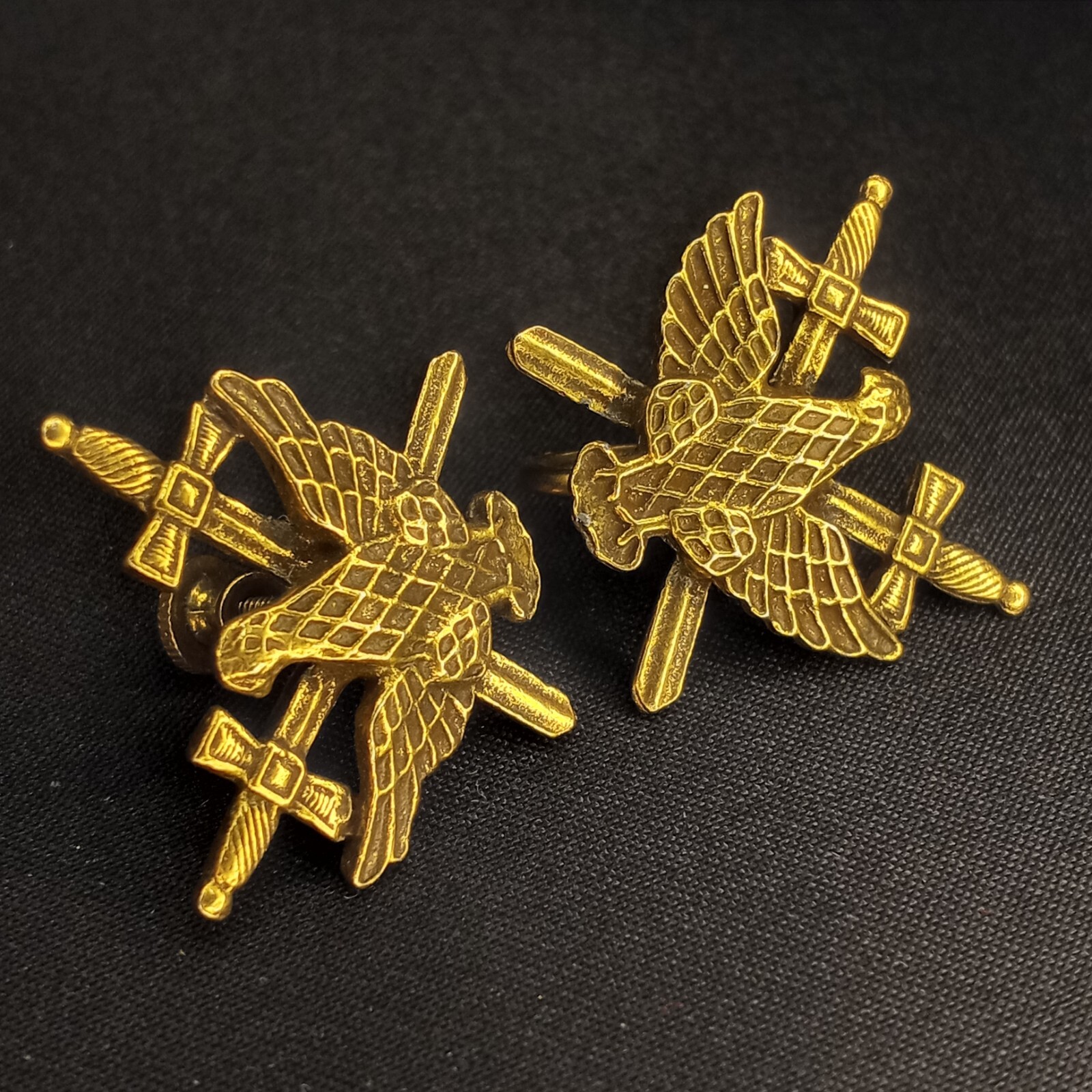 Large Vintage Earrings Sword Shield Crown Eagle Pin Military Style Gold Tone