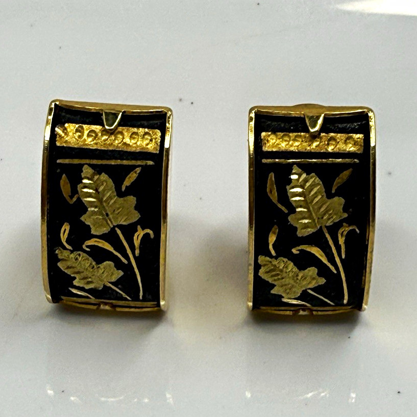 Vintage Spanish Damascene Real Gold Inlay & Plated Clip On Earrings