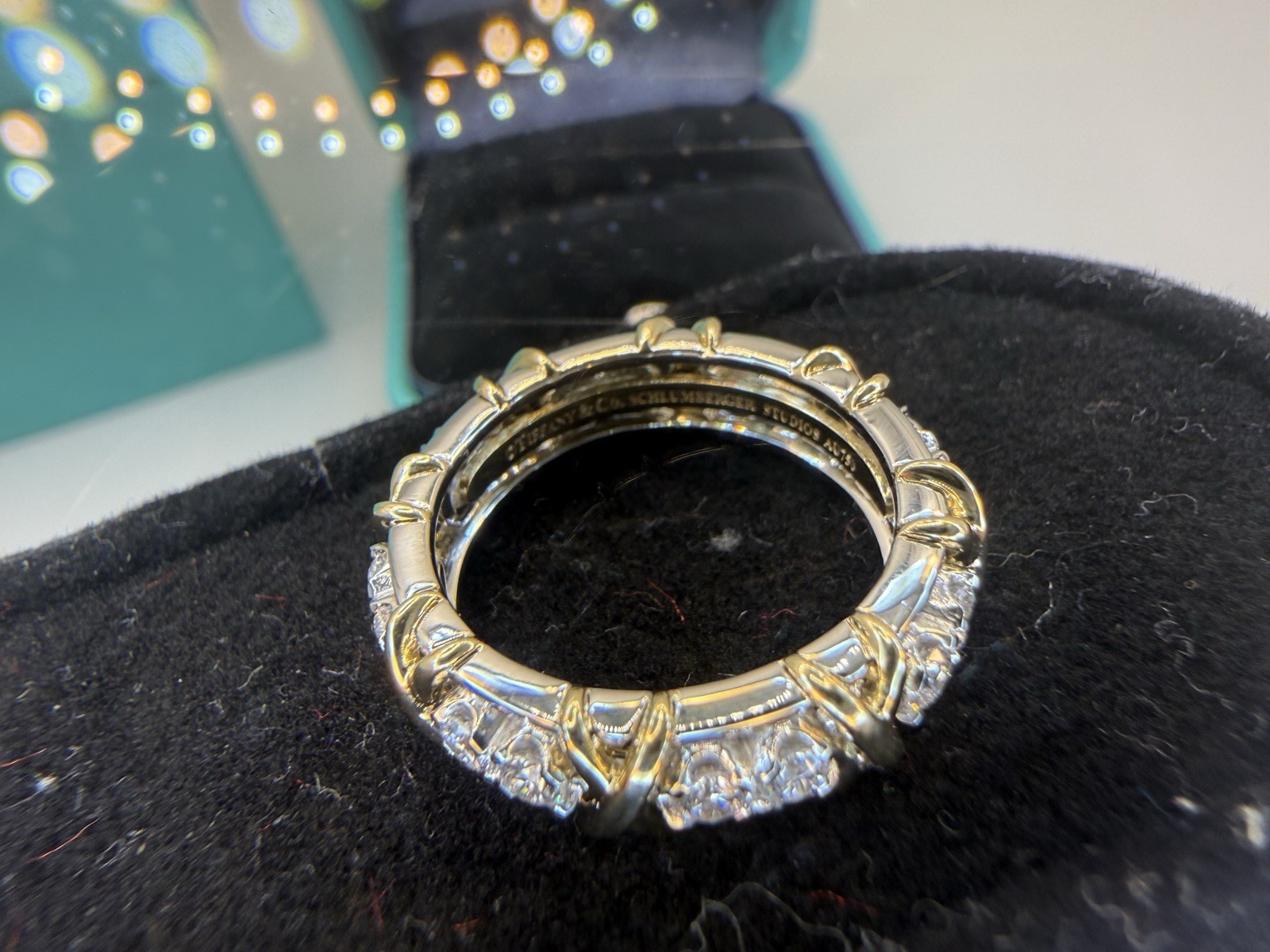 TIFFANY & CO. SCHLUMBERGER 16 STONE X DIAMOND 18K GOLD PLATINUM RING SIZE 7.0
