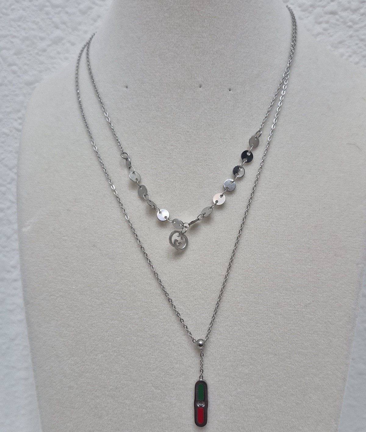 Silver-Tone Double Layer Cable Chain Necklace w/ Red & Green Bar Charm Pendant